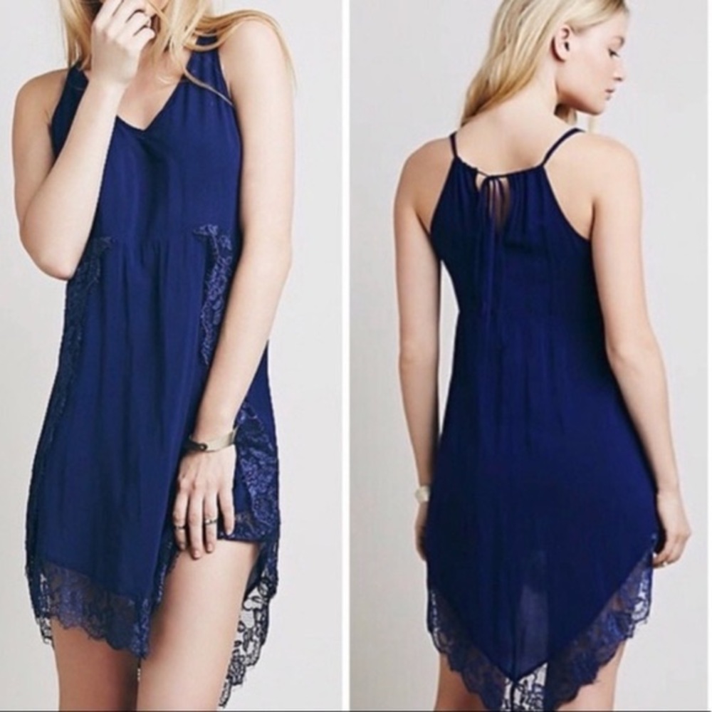 Free People Eyelashes Lace Trim Slip Blue Size Small Boho